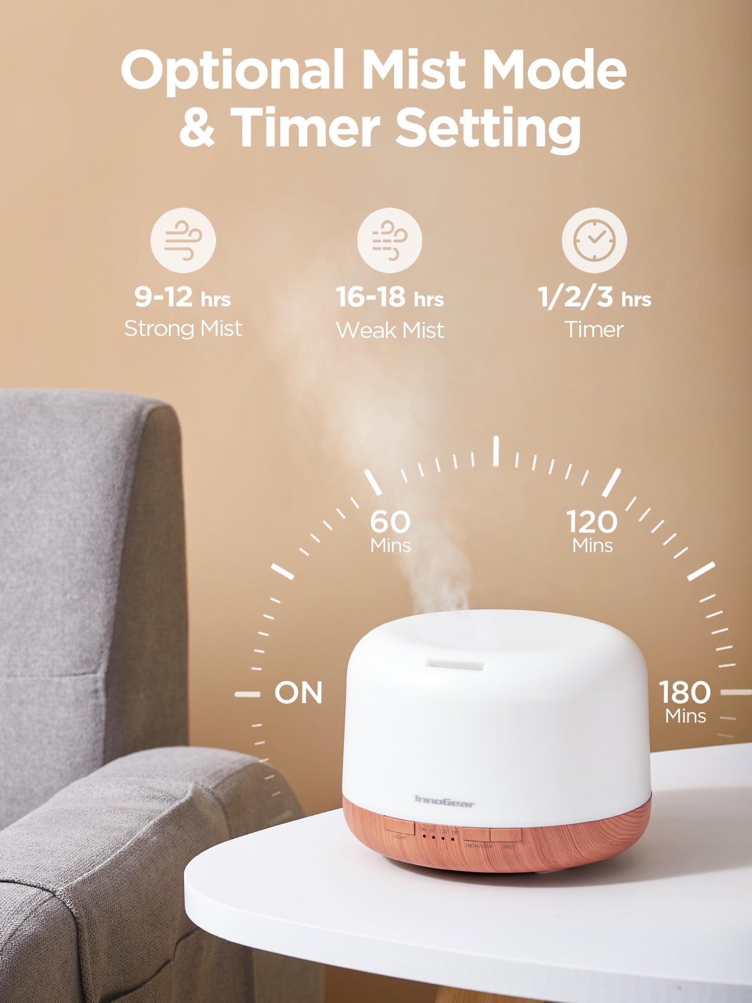 InnoGear difusor en uso en sala generando niebla y mejorando ambiente