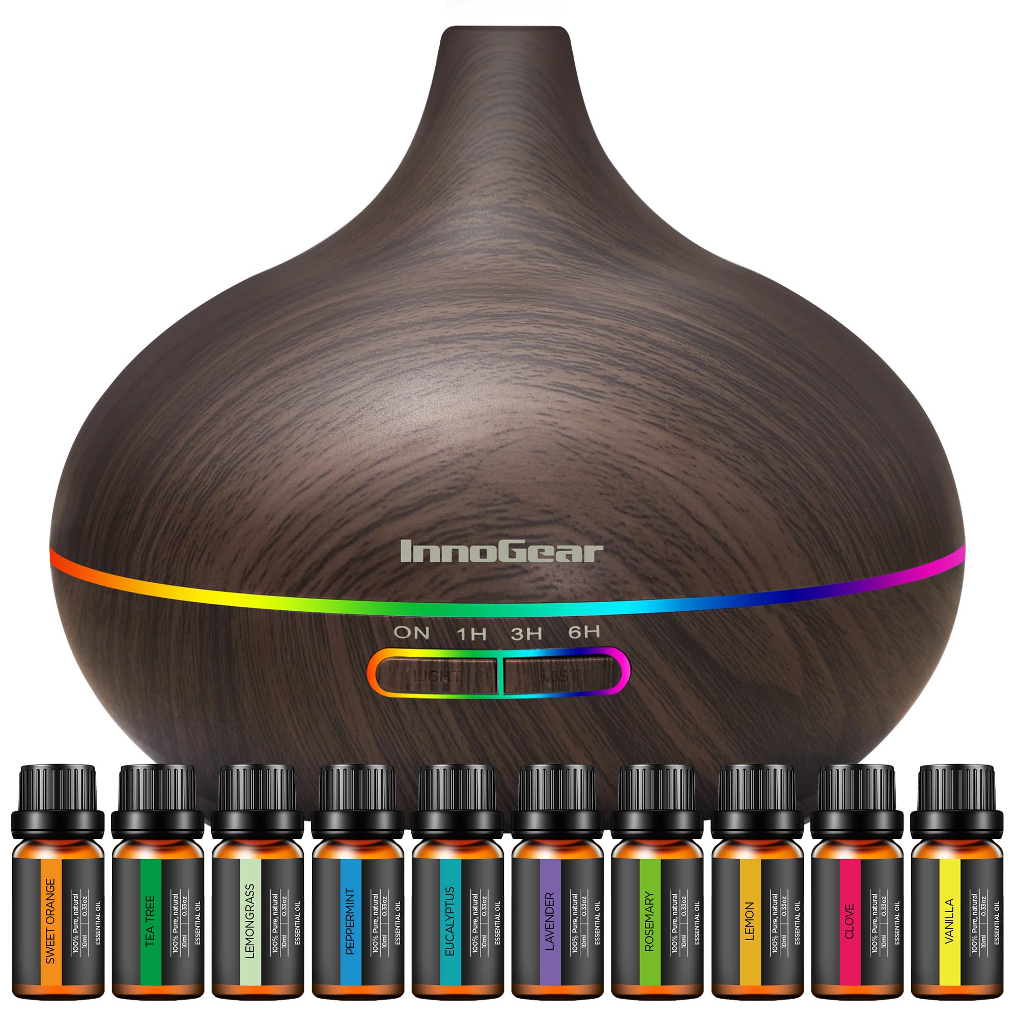 InnoGear difusor frontal oscuro mostrando diseño elegante y beneficio ambientación