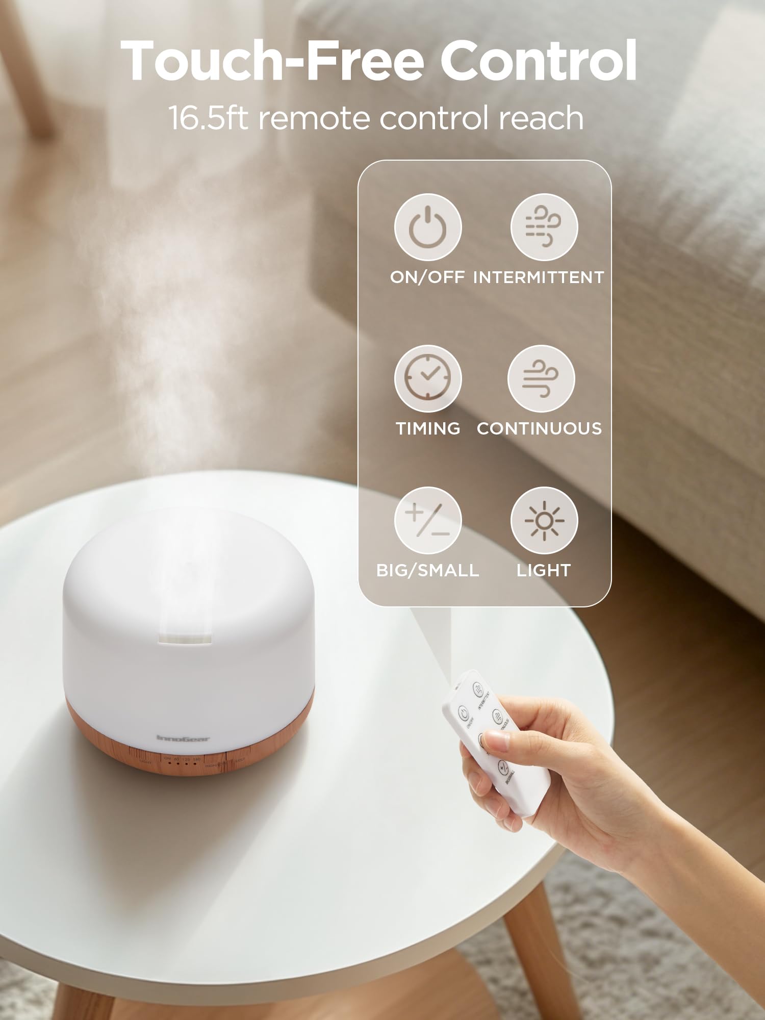 InnoGear difusor en uso en sala de estar creando ambiente relajante y acogedor