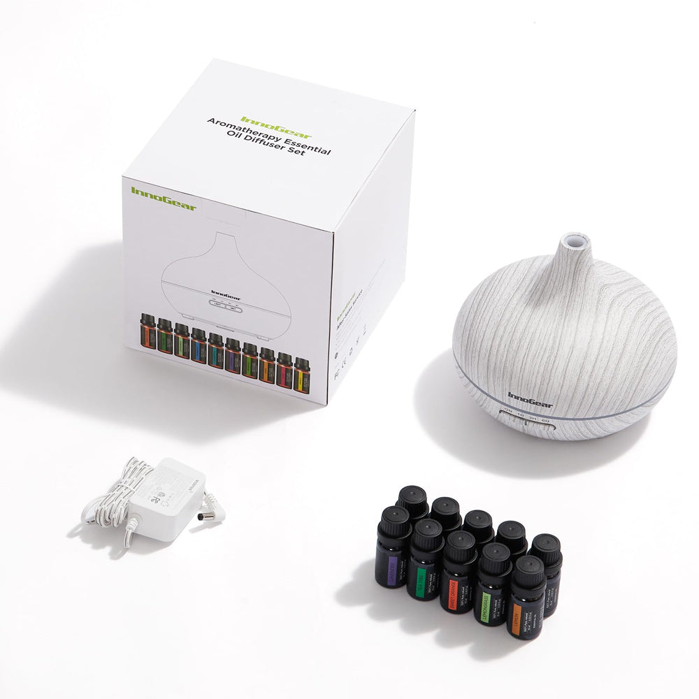 InnoGear set de 10 aceites dispuesto junto al difusor, variedad aromática inmediata