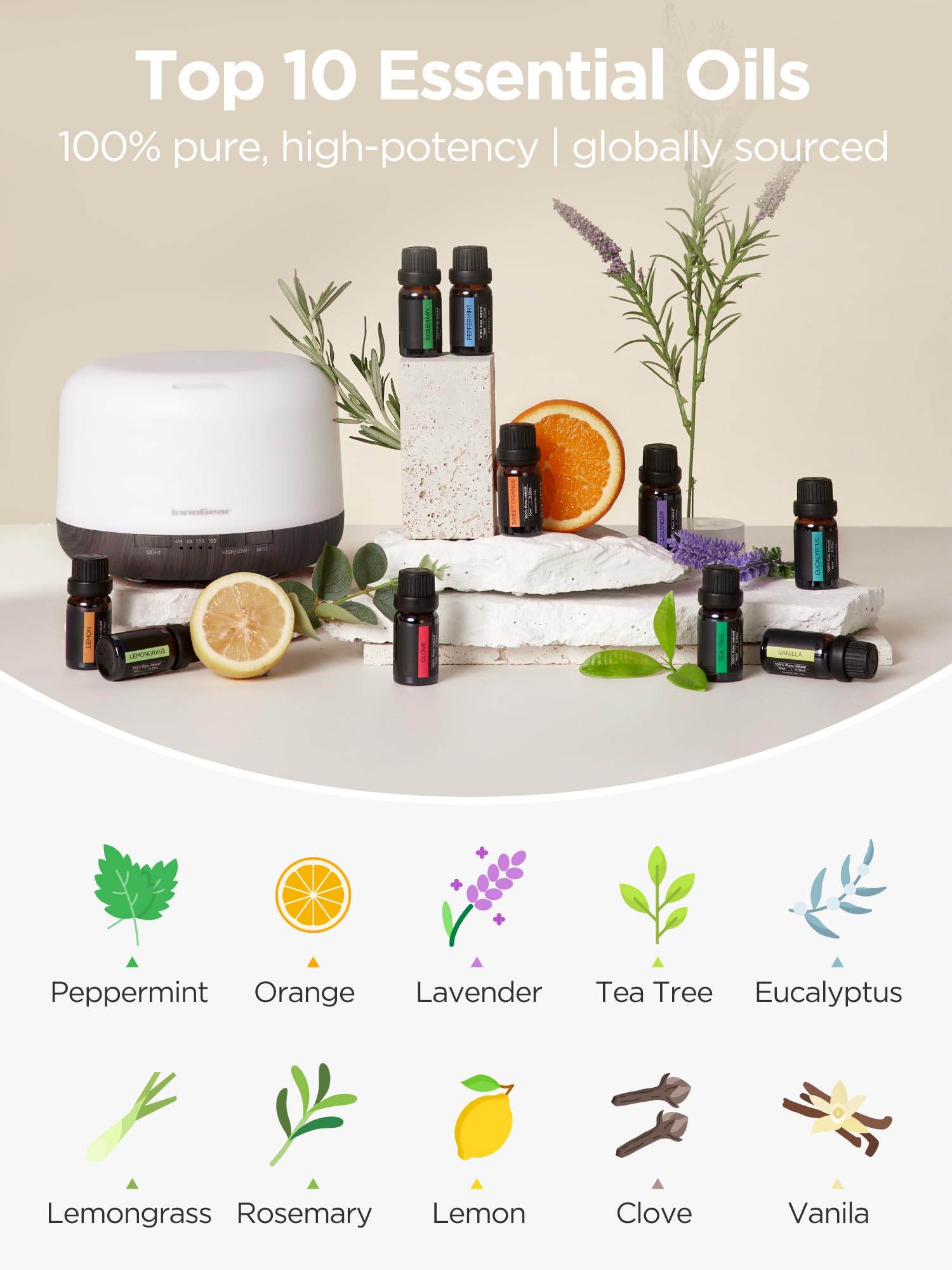 InnoGear set 10 aceites esenciales organizados para empezar a usar