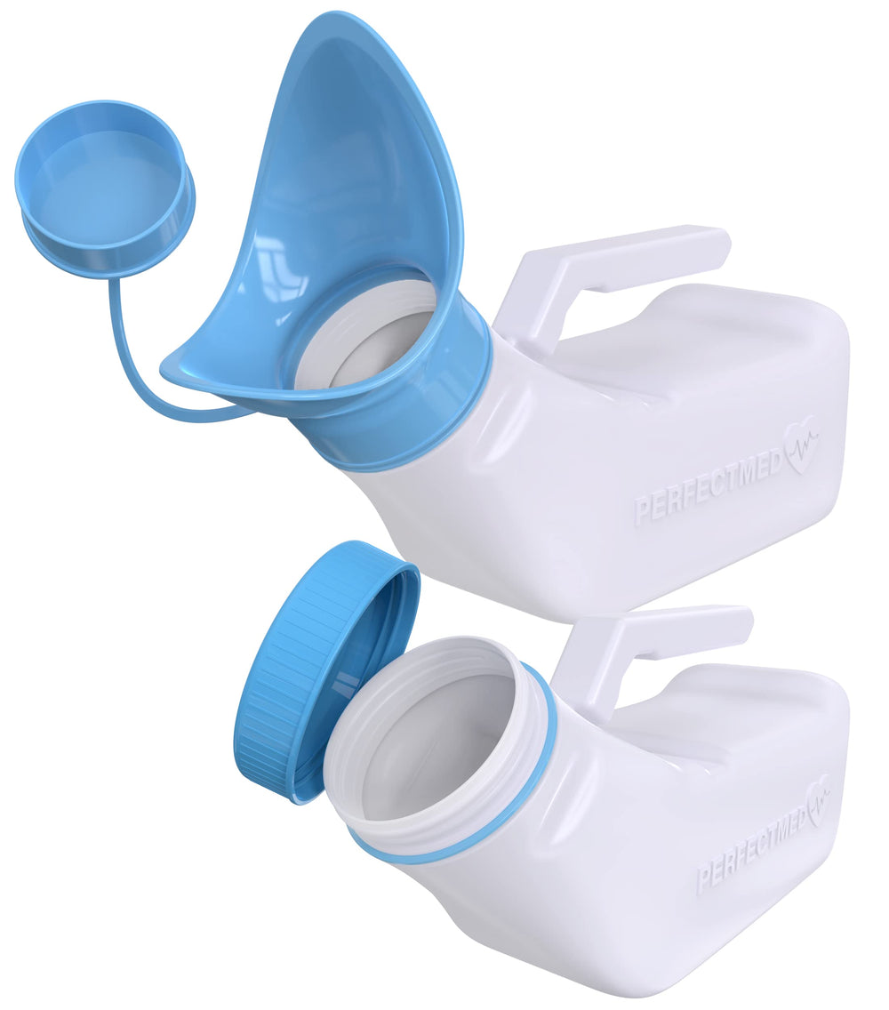 Innovative Designworks vista frontal del pack de dos orinales, práctica solución antivuelco