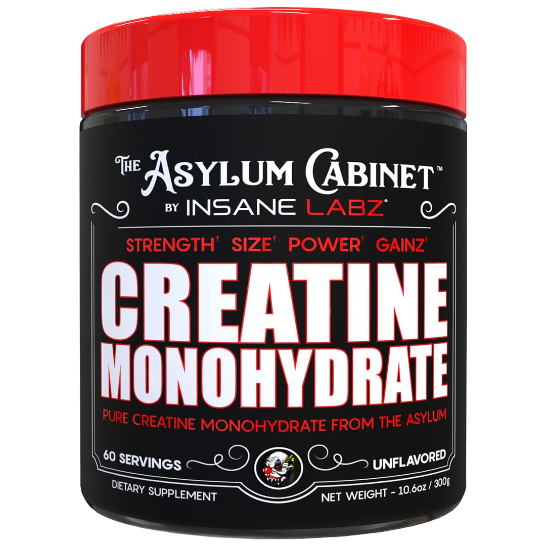 Envase frontal de Insane Labz Creatine Monohydrate mostrando etiqueta clara y tamaño