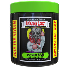 Envase Insane Labz Psycho Sam watermelon mostrando etiqueta y beneficios energéticos