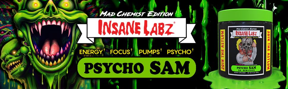 Insane Labz Psycho Sam junto a una botella de agua para mostrar tamaño y porciones