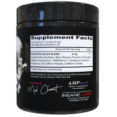 Insane Labz Psychotic BLACK polvo en cuchara con textura fina para mezcla rápida