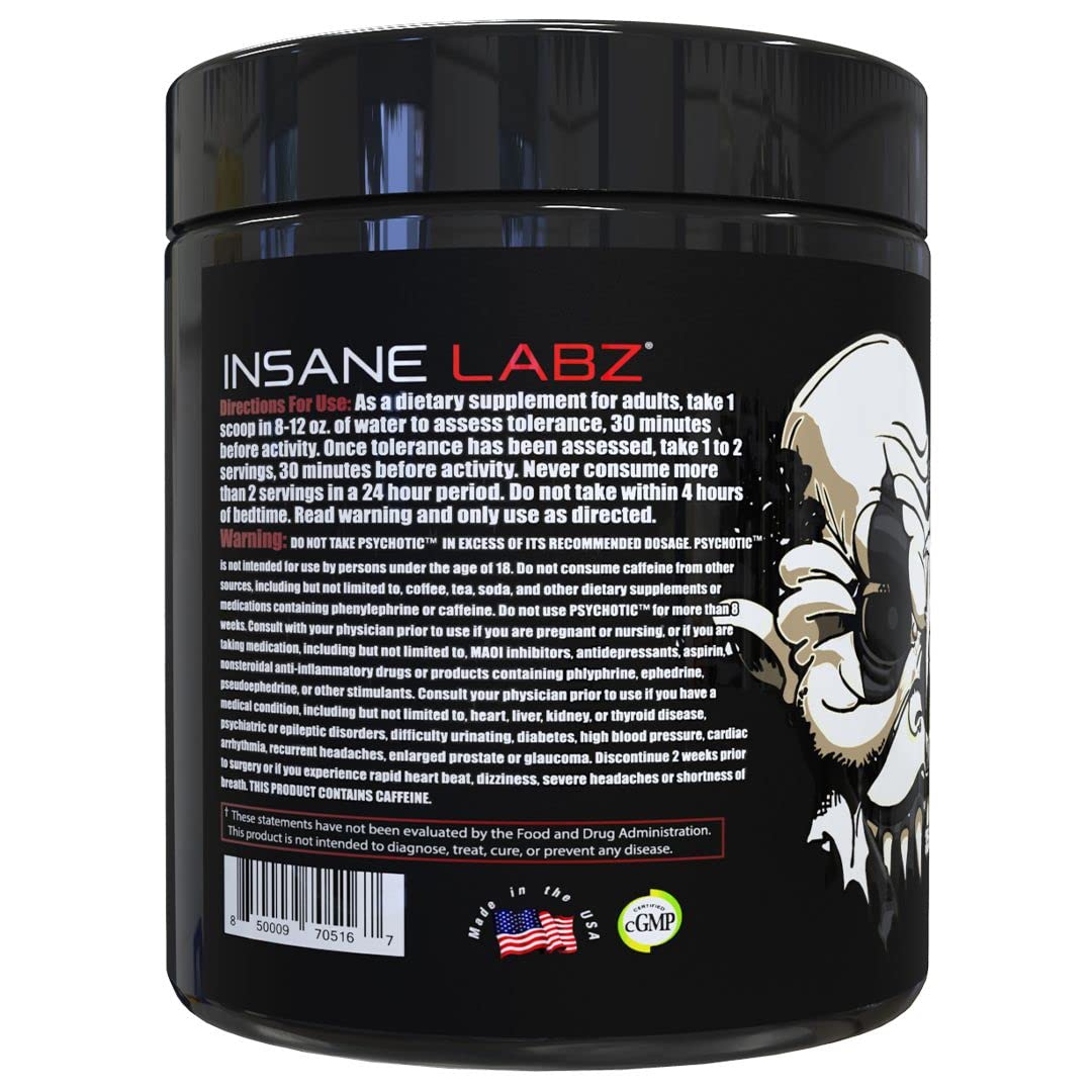 Insane Labz Psychotic BLACK bote y vaso mezclado demostrando energía pre-entreno