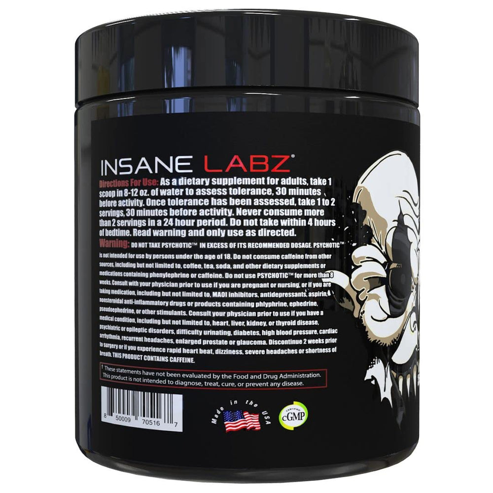 Insane Labz Psychotic BLACK bote y vaso mezclado demostrando energía pre-entreno