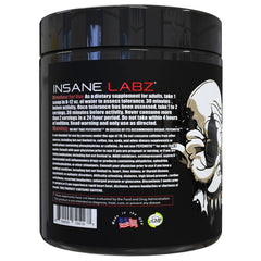 Insane Labz Psychotic BLACK bote y vaso mezclado demostrando energía pre-entreno