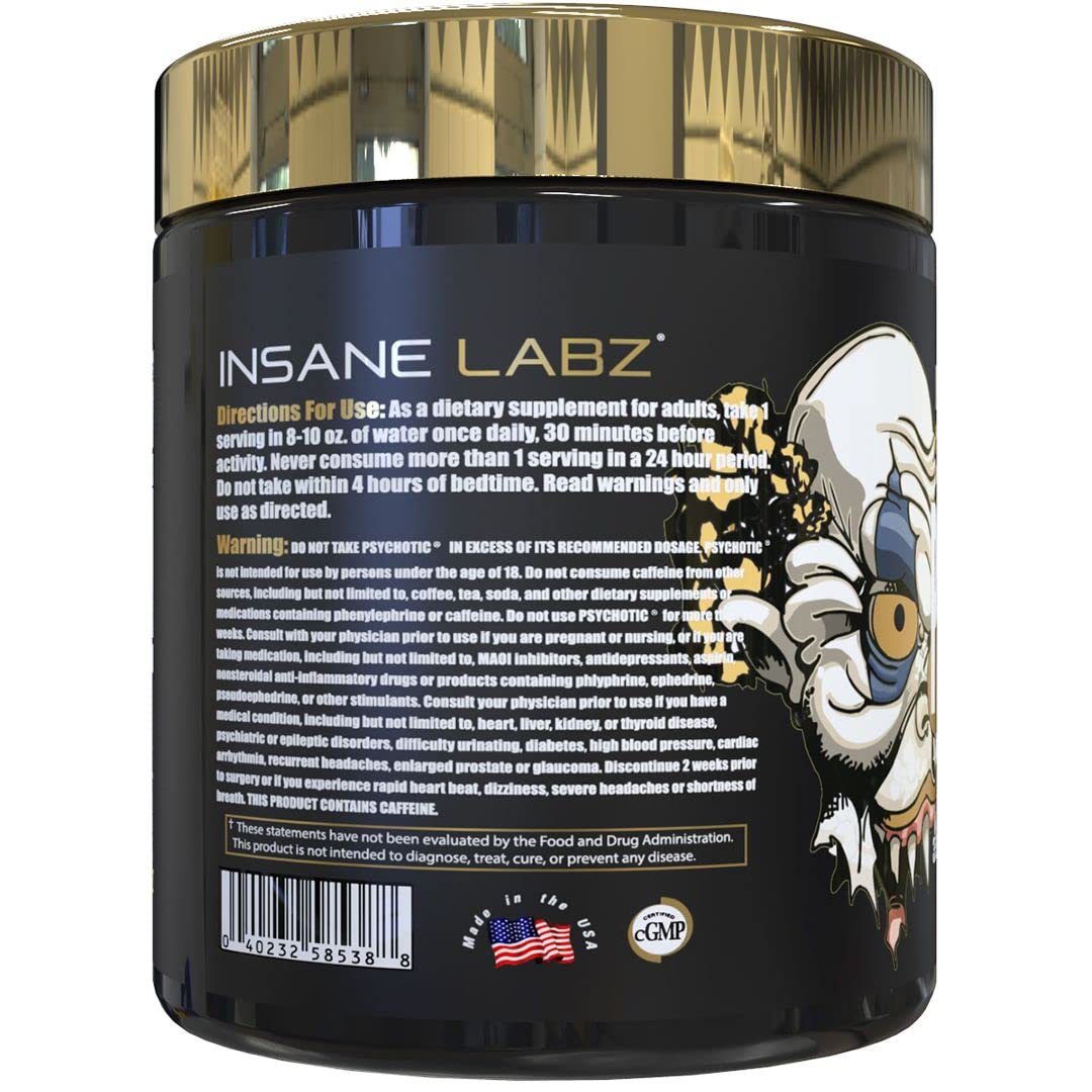 Insane Labz Psychotic Gold servido en vaso mezclado demostrando color y efecto refrescante pre-entreno