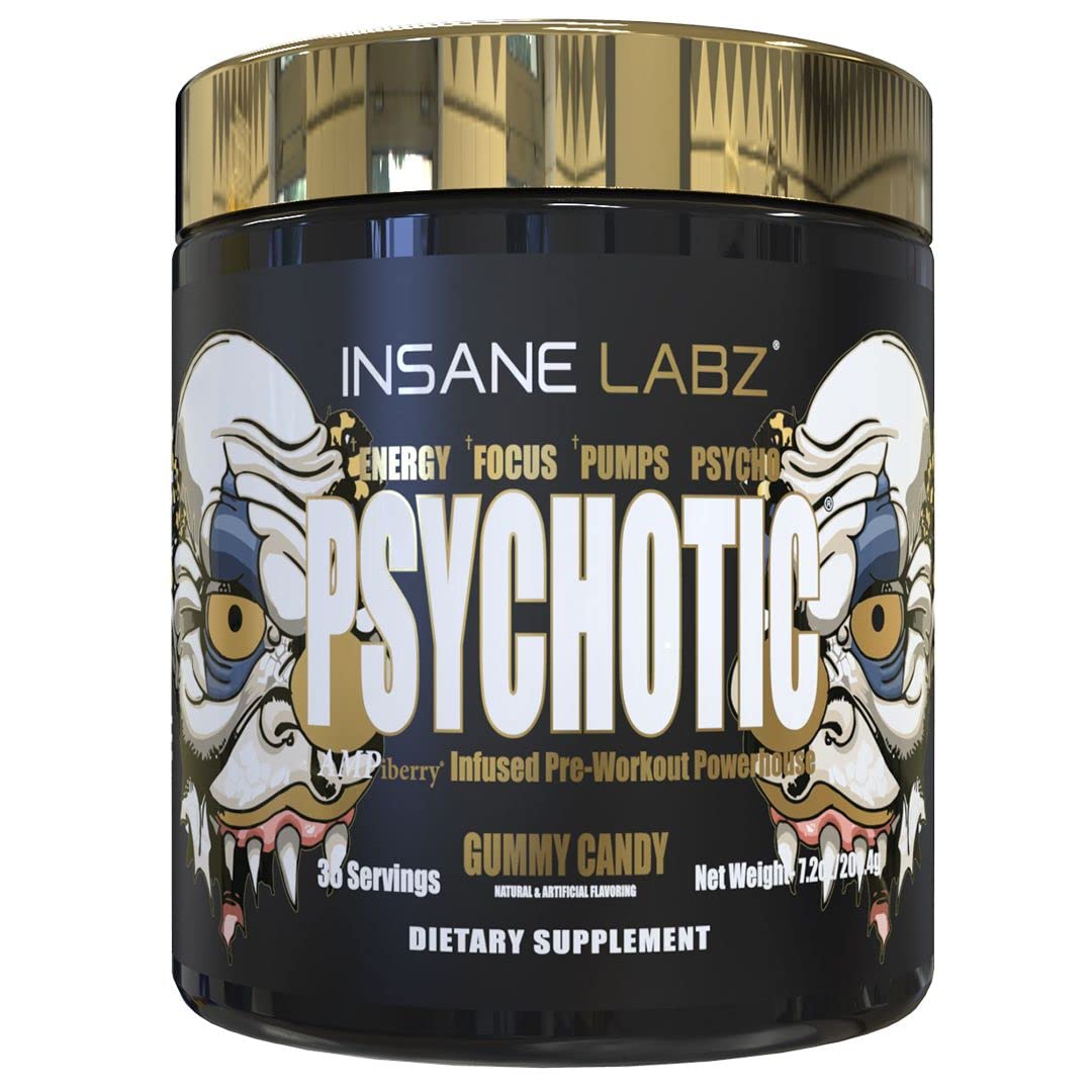 Insane Labz frasco Psychotic Gold frente mostrando diseño y beneficio de energía