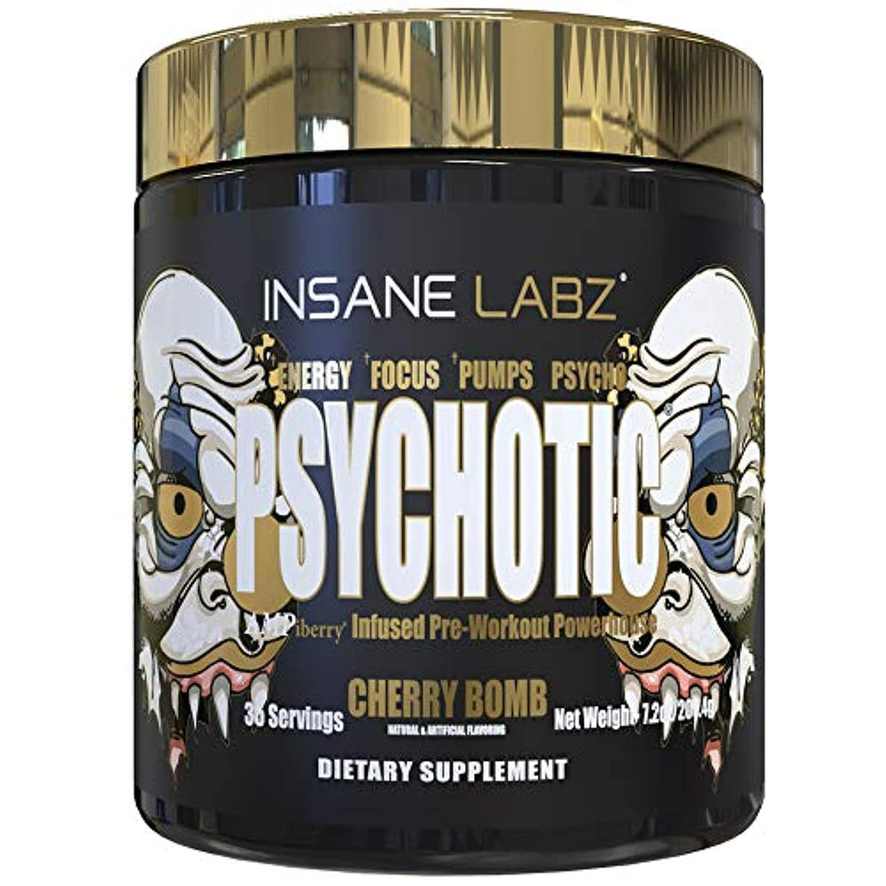 Insane Labz Psychotic Gold envase frontal mostrando sabor Cherry Bomb y beneficio energía intensa