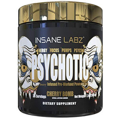Insane Labz Psychotic Gold envase frontal mostrando sabor Cherry Bomb y beneficio energía intensa