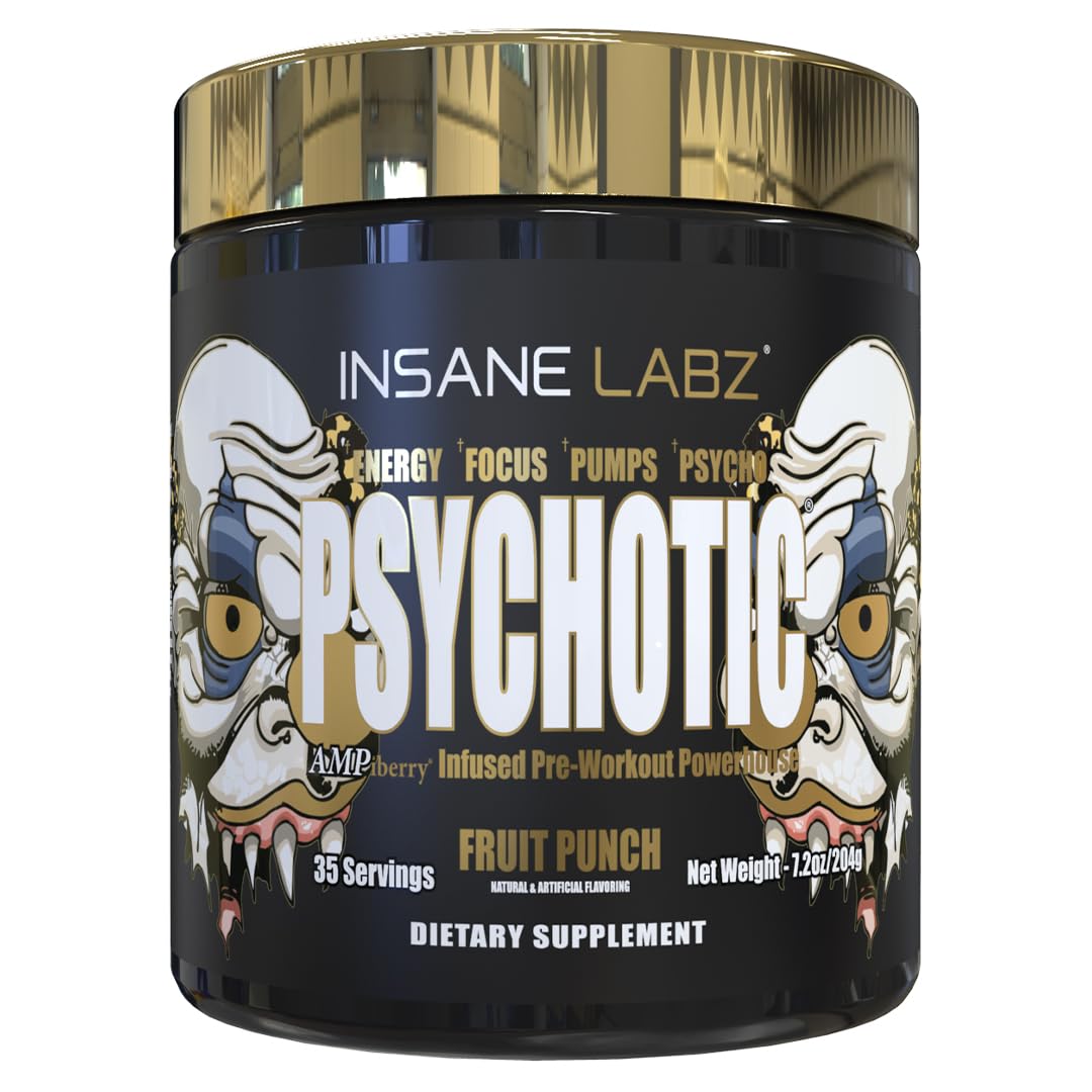 Insane Labz Psychotic Gold vista frontal mostrando el envase y el sabor Fruit Punch para motivar entrenos
