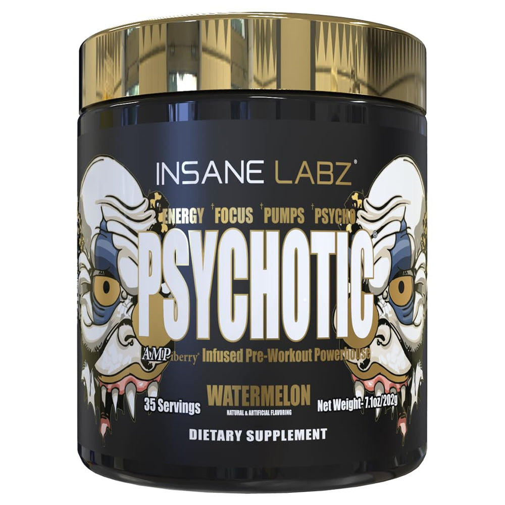 Insane Labz Psychotic Gold vista frontal mostrando el envase y sabor sandía
