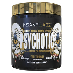Insane Labz Psychotic Gold vista frontal mostrando el envase y el sabor Fruit Punch para motivar entrenos