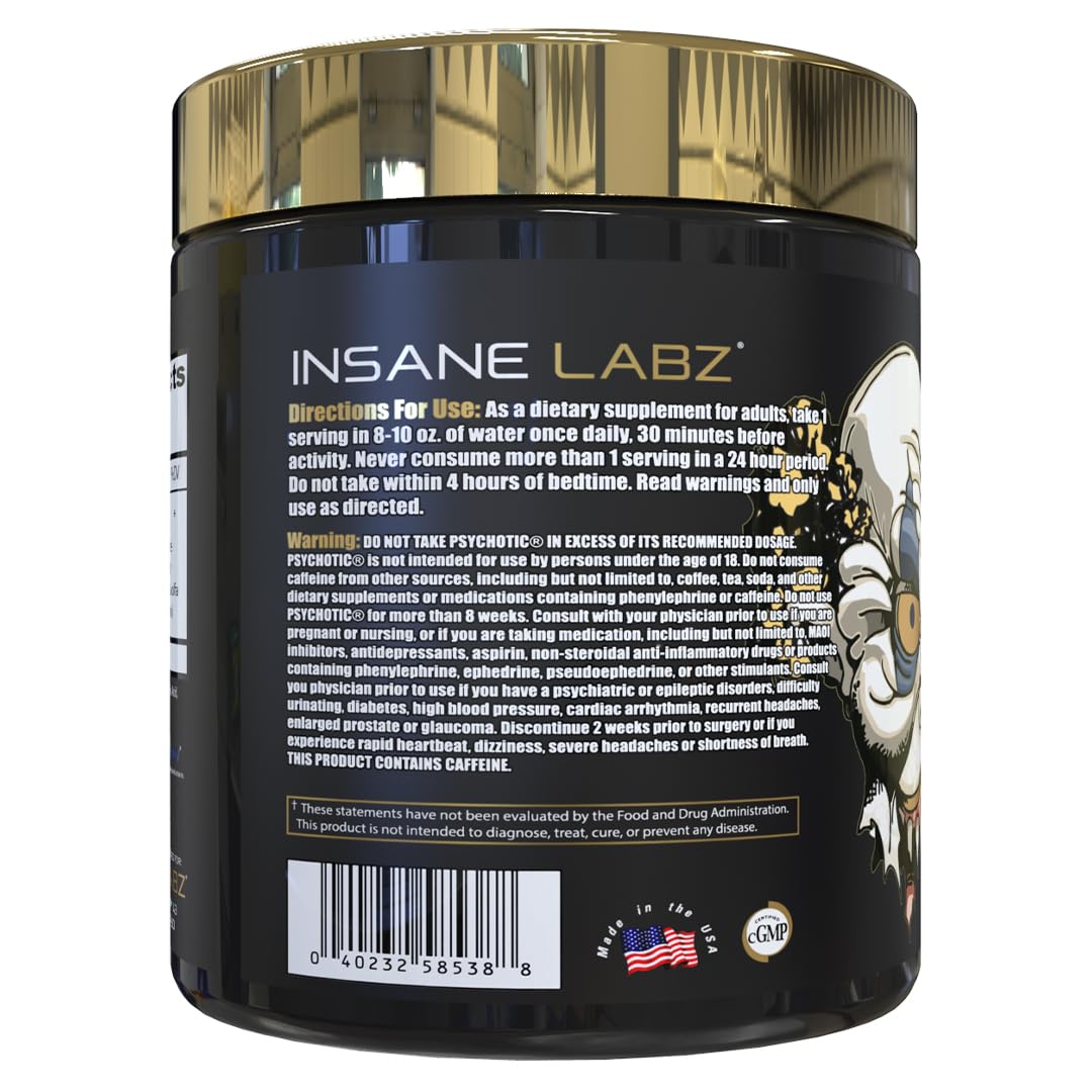 Insane Labz Psychotic Gold polvo de cerca mostrando textura y disolución rápida para mezclar fácilmente