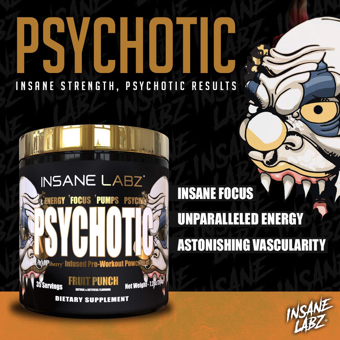 Insane Labz Psychotic Gold junto a una pesa para comparar tamaño del envase y facilitar transporte al gym