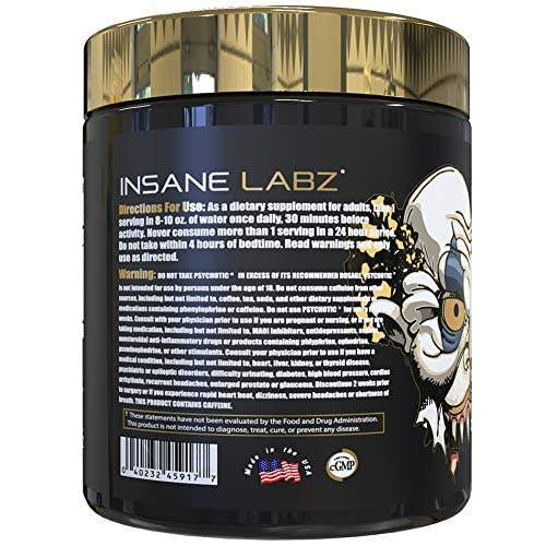 Detalle del polvo Insane Labz Psychotic Gold mostrando textura fina para mezclas sin grumos