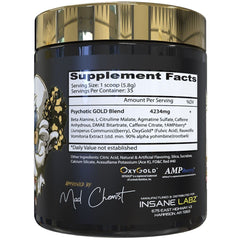 Insane Labz polvo Psychotic Gold textura fina para disolución rápida y mezcla eficiente
