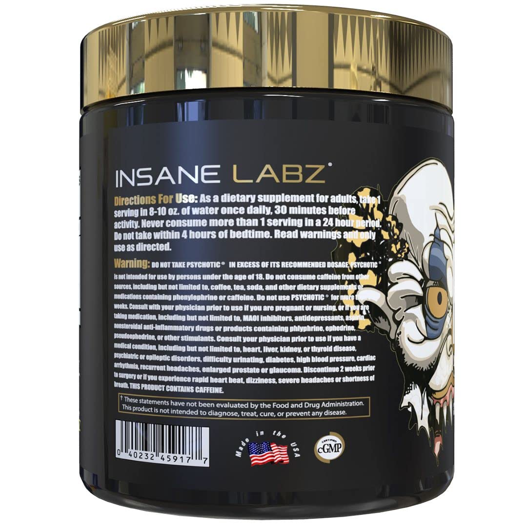 Insane Labz Psychotic Gold vaso mezclado en agua listo para beber y mejorar el rendimiento