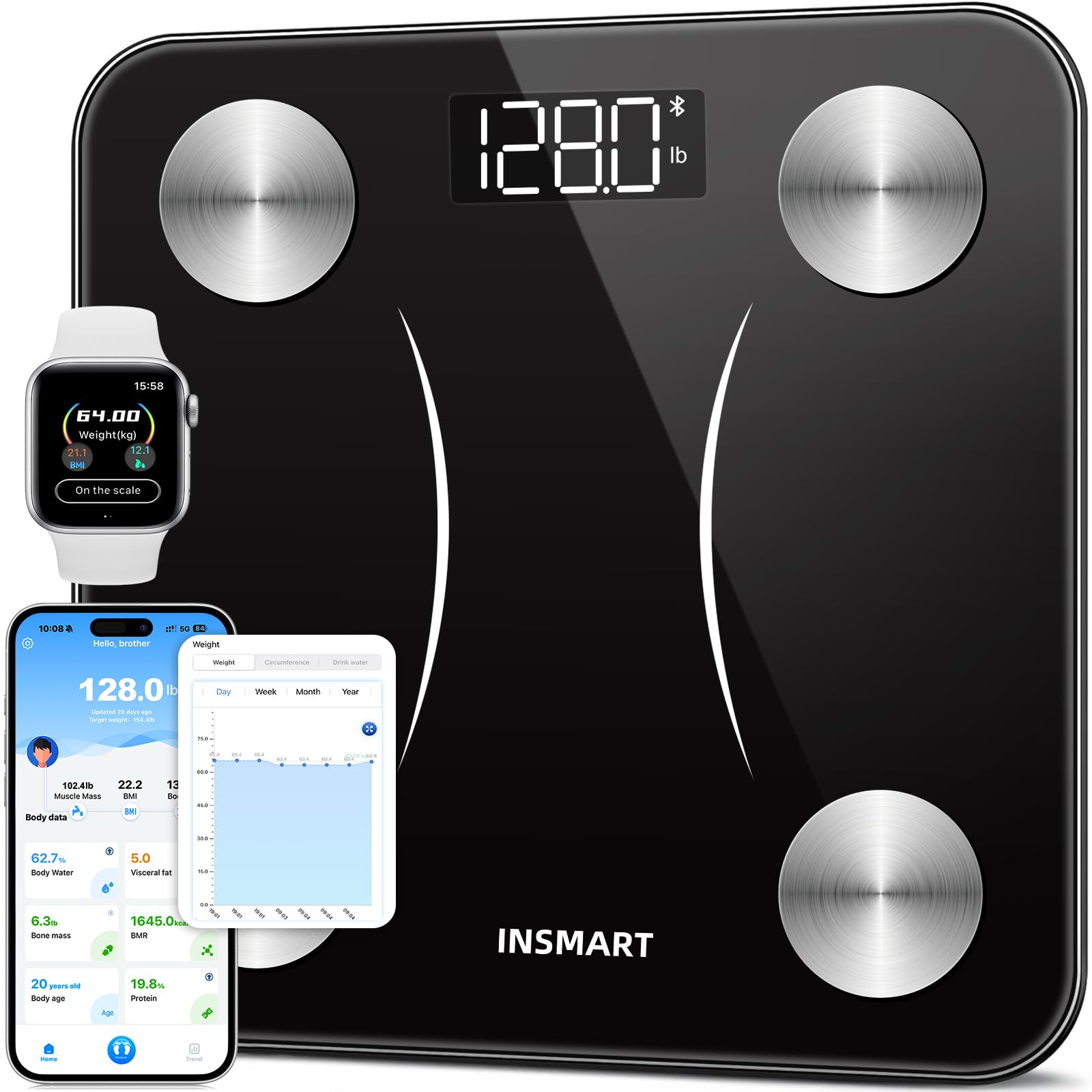 Báscula INSMART frontal con pantalla LED clara para lecturas rápidas