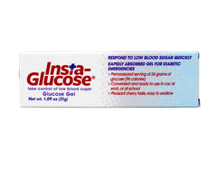 Insta-Glucose envase abierto cerca, detalle del etiquetado claro y legible