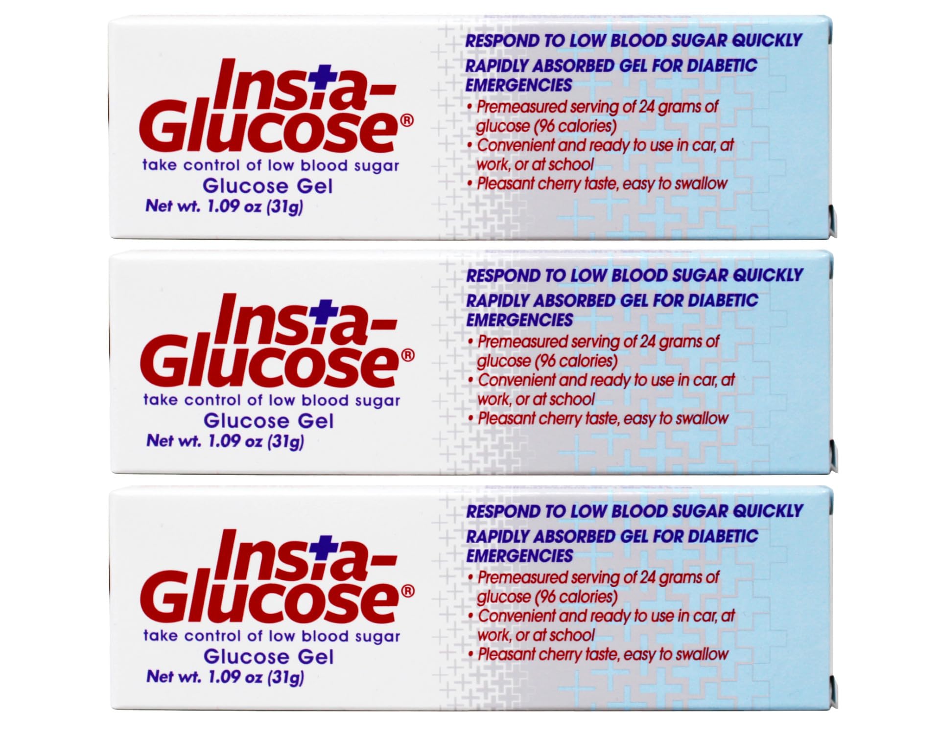 Insta-Glucose envase frontal mostrando el pack de tres, fácil de transportar