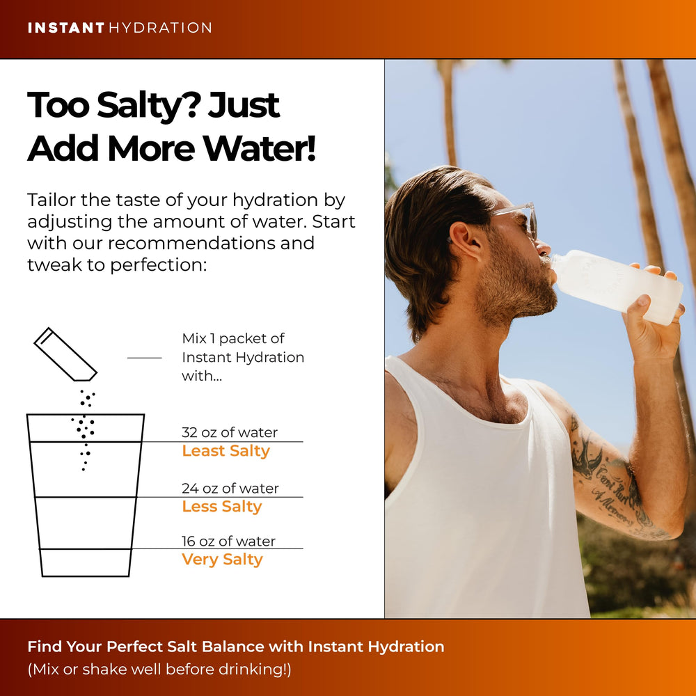 Instant Hydration junto a una mano para comparar tamaño del sobre y porción