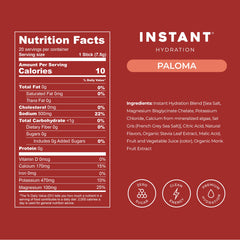 Instant Hydration etiqueta con tabla de electrolitos y claridad nutricional
