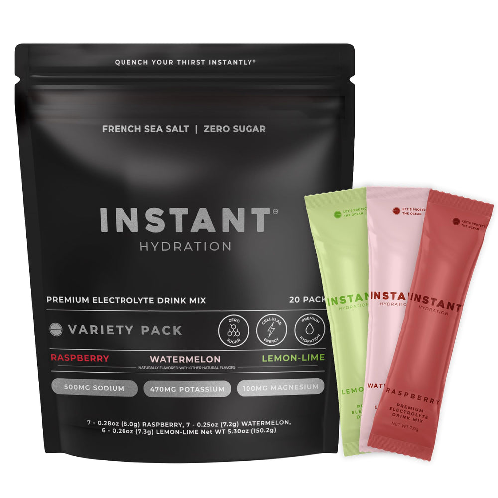 Instant Hydration empaque frontal mostrando sabores y beneficios