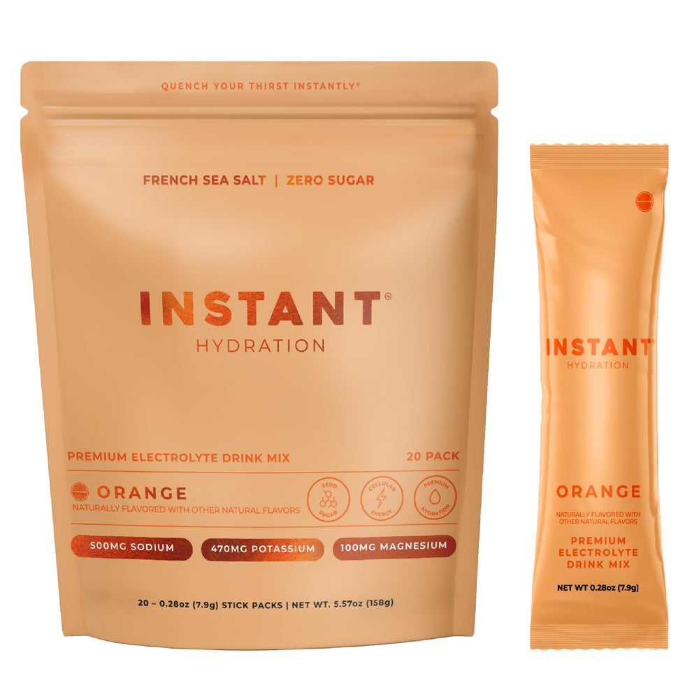 Instant Hydration frente del empaque mostrando 20 sobres y beneficios de rehidratación