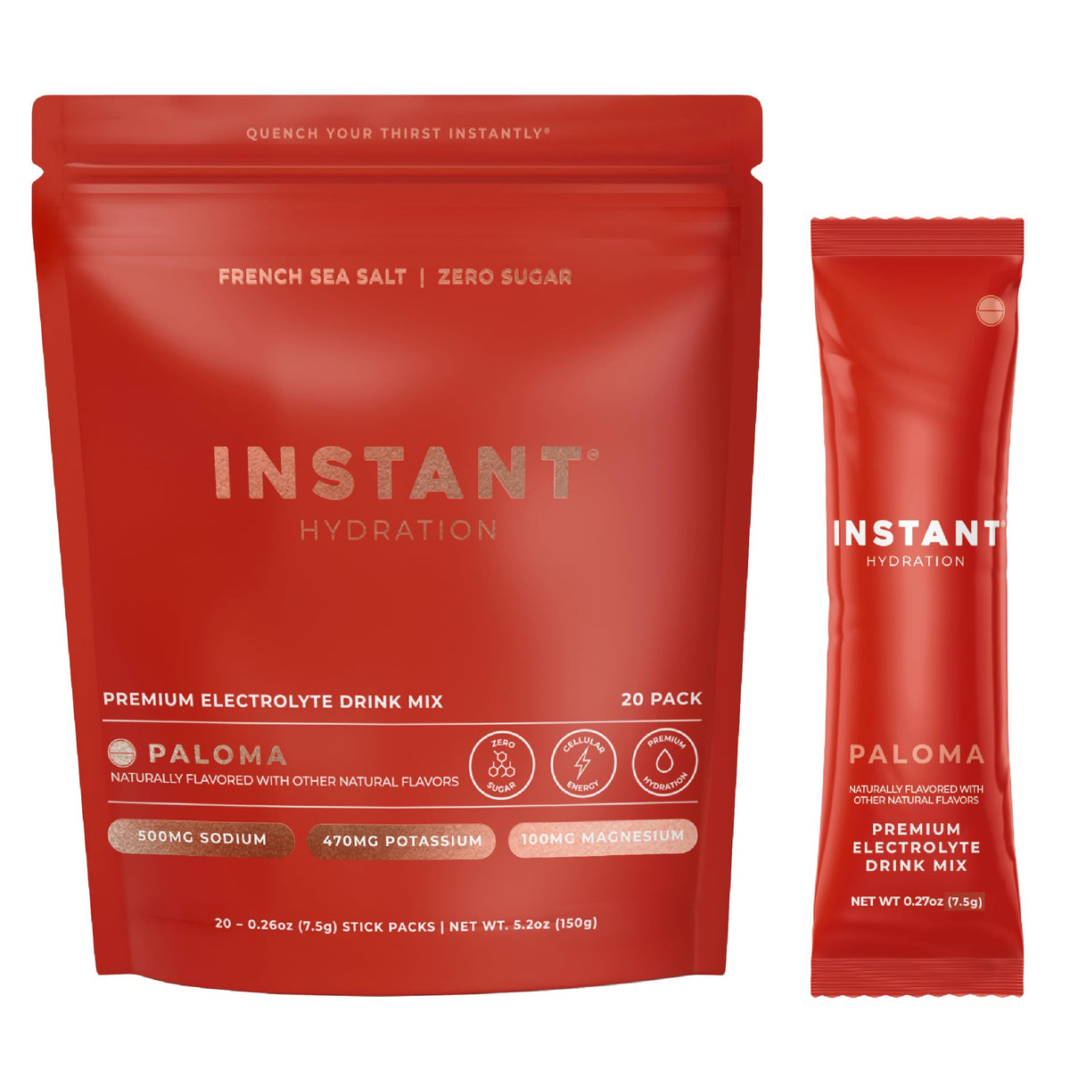 Instant Hydration empaque frontal mostrando 20 sobres y beneficio de portabilidad
