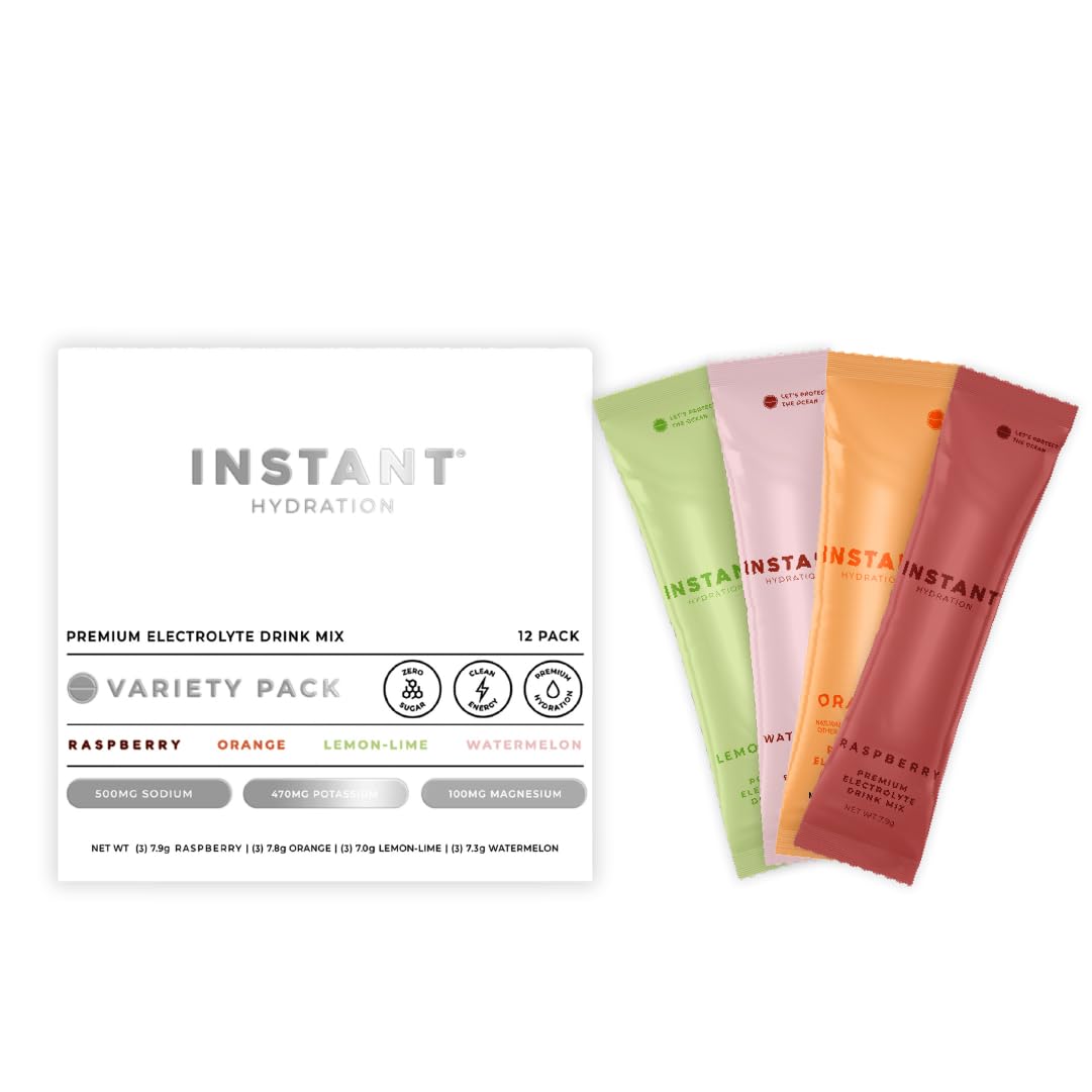 Instant Hydration frente del paquete mostrando variedad de sabores y cero azúcar
