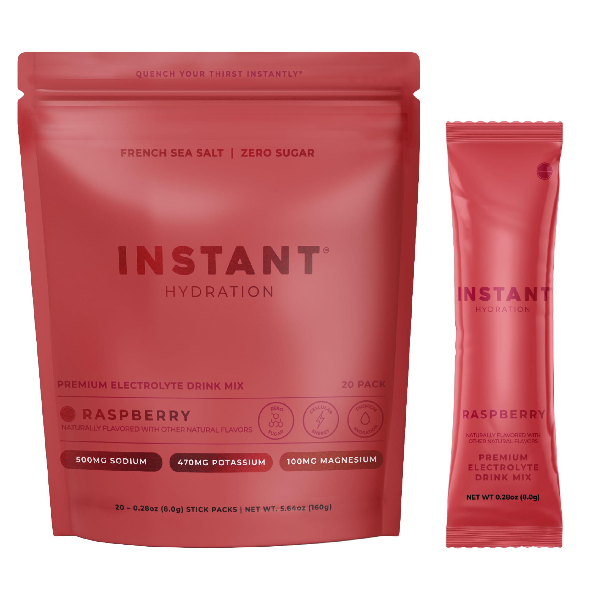 Instant Hydration empaque frontal mostrando 20 sobres y beneficio de hidratación rápida