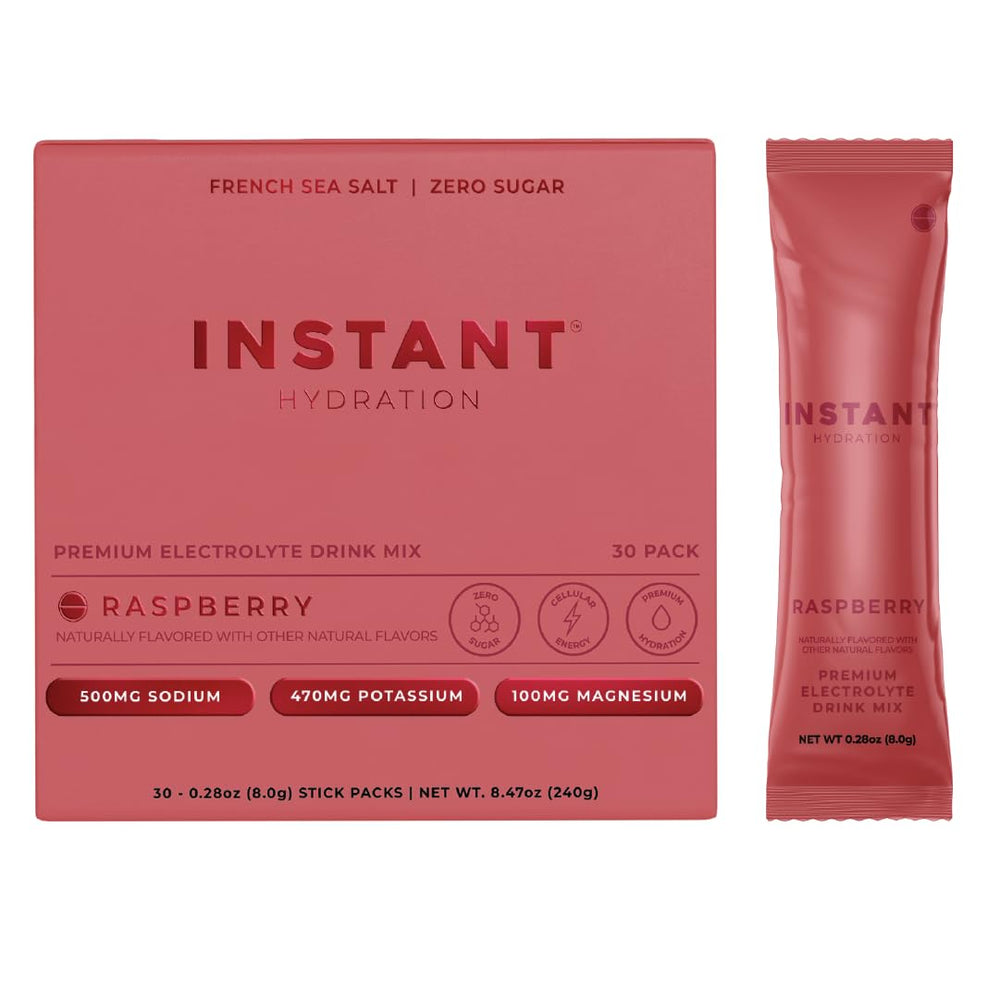 Instant Hydration frontal del empaque mostrando 30 sobres y beneficio portátil