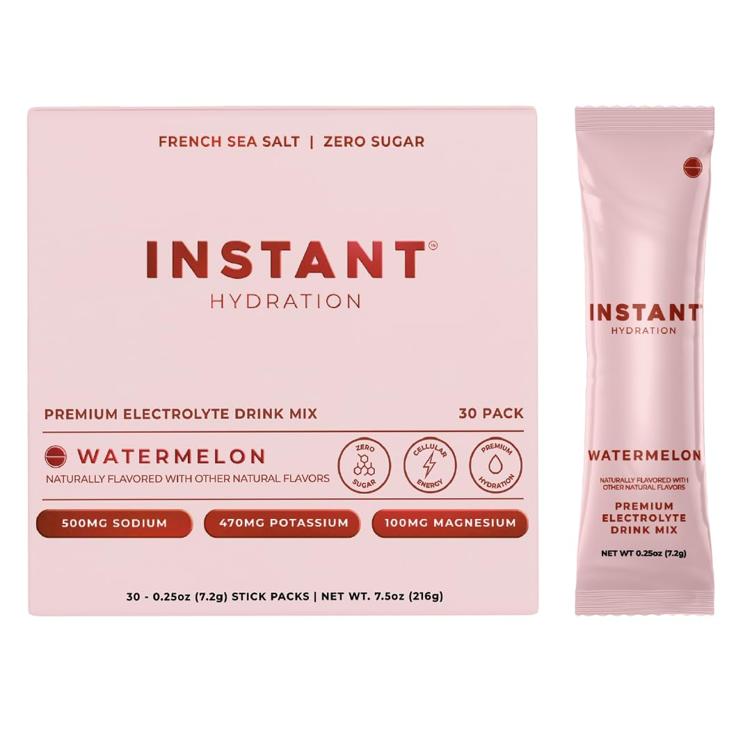 Instant Hydration envase frontal mostrando 30 sobres y branding, hidratación portátil