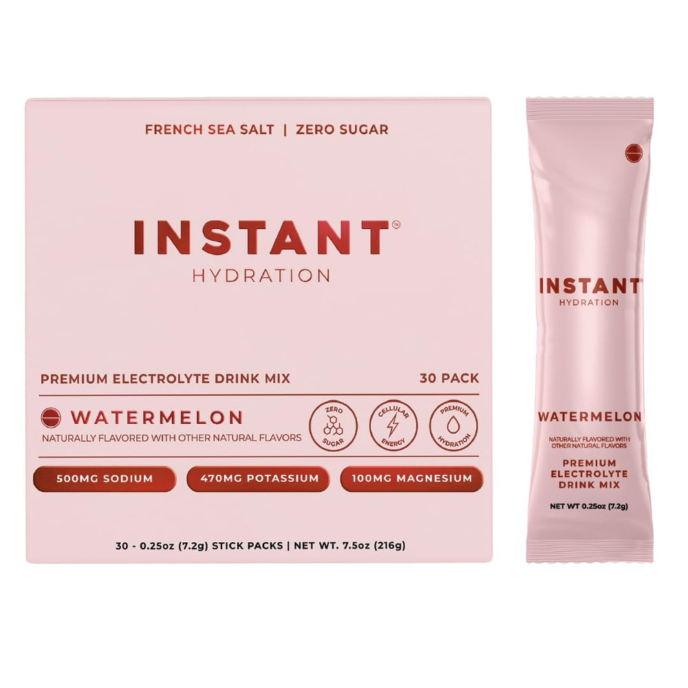 Instant Hydration envase frontal mostrando 30 sobres y branding, hidratación portátil