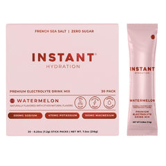 Instant Hydration envase frontal mostrando 30 sobres y branding, hidratación portátil