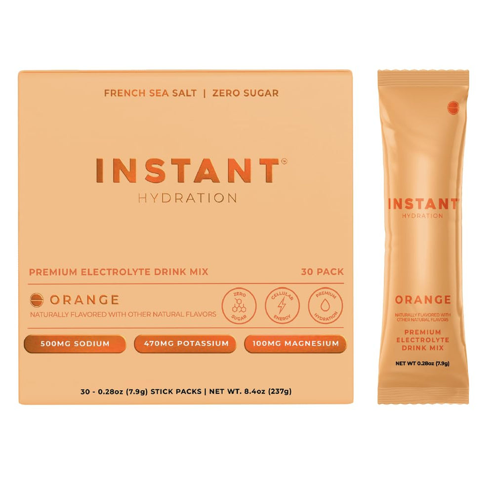 Instant Hydration envase frente mostrando sabor naranja y beneficios