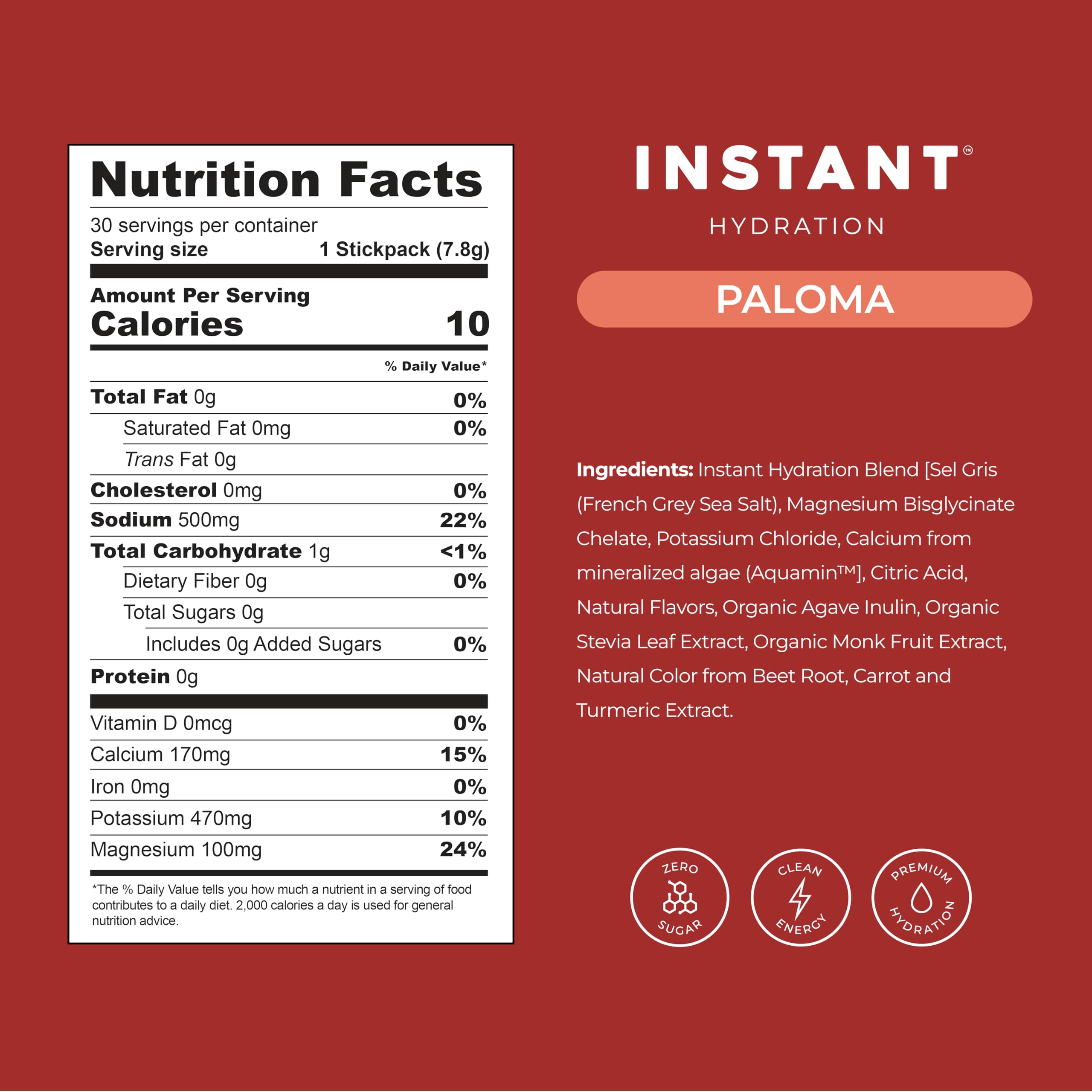 Instant Hydration etiqueta de ingredientes resaltando electrolitos y sin azúcar