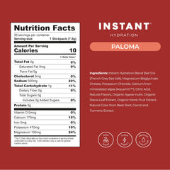 Instant Hydration etiqueta de ingredientes resaltando electrolitos y sin azúcar