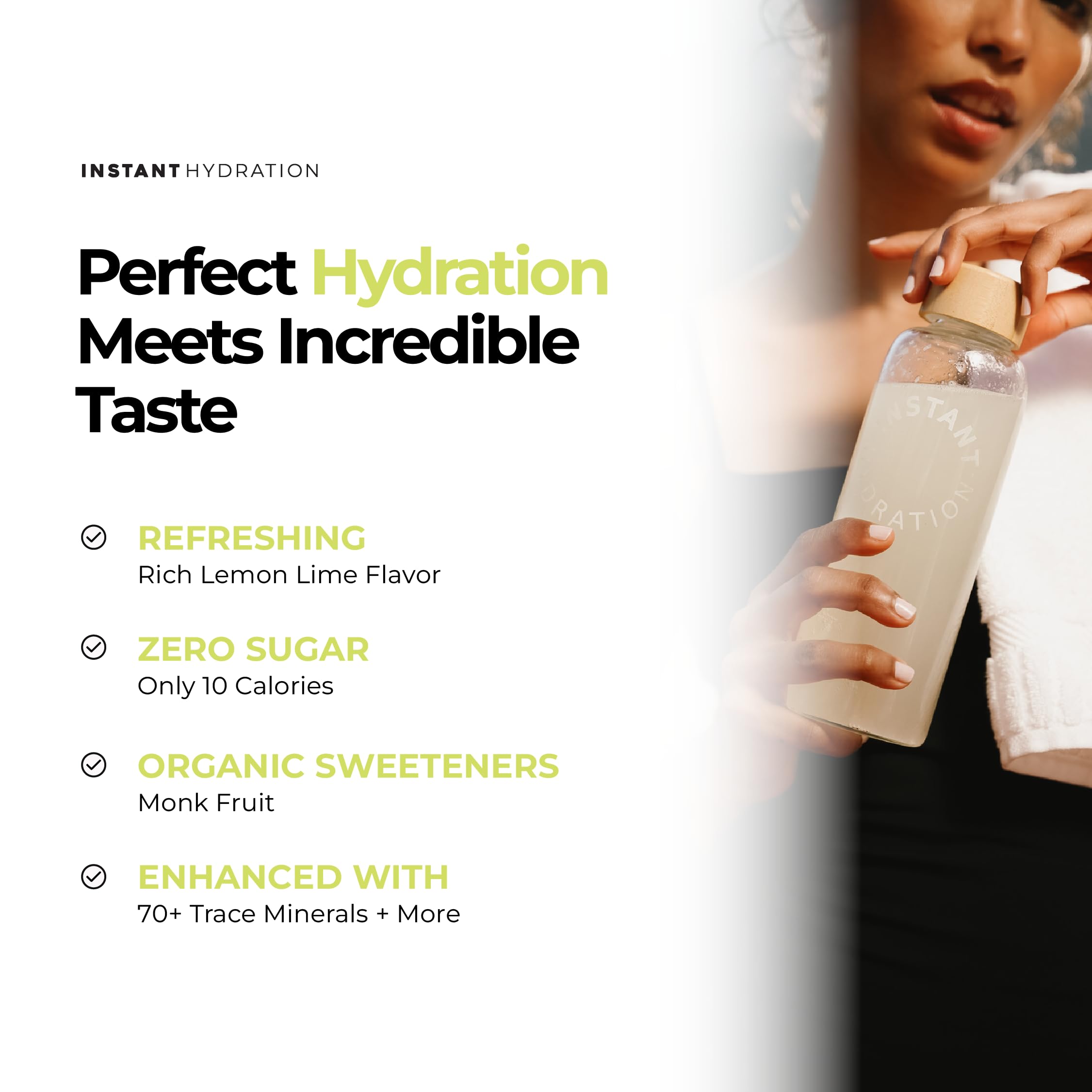 Instant Hydration polvo disuelto en agua con sabor limón lima refrescante