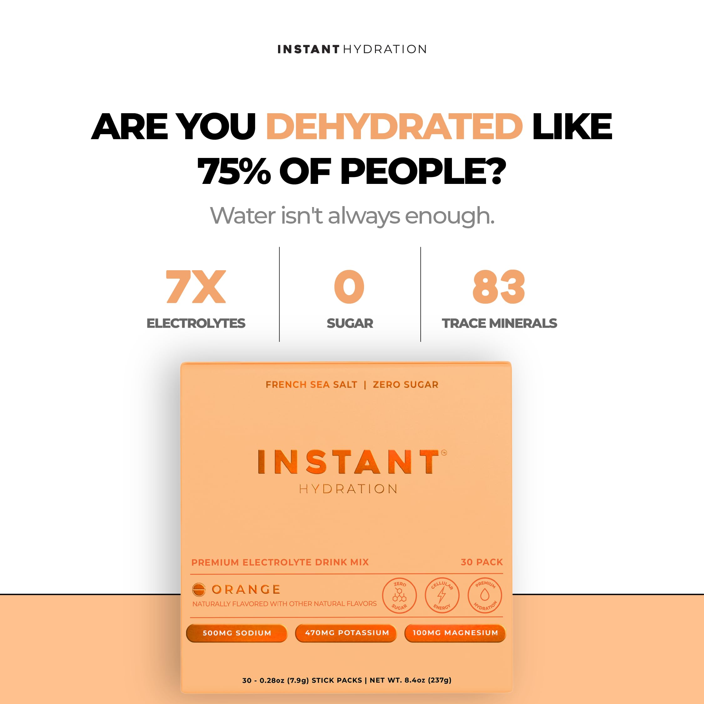Instant Hydration sobre abierto con polvo naranja, mezcla fácil y limpia
