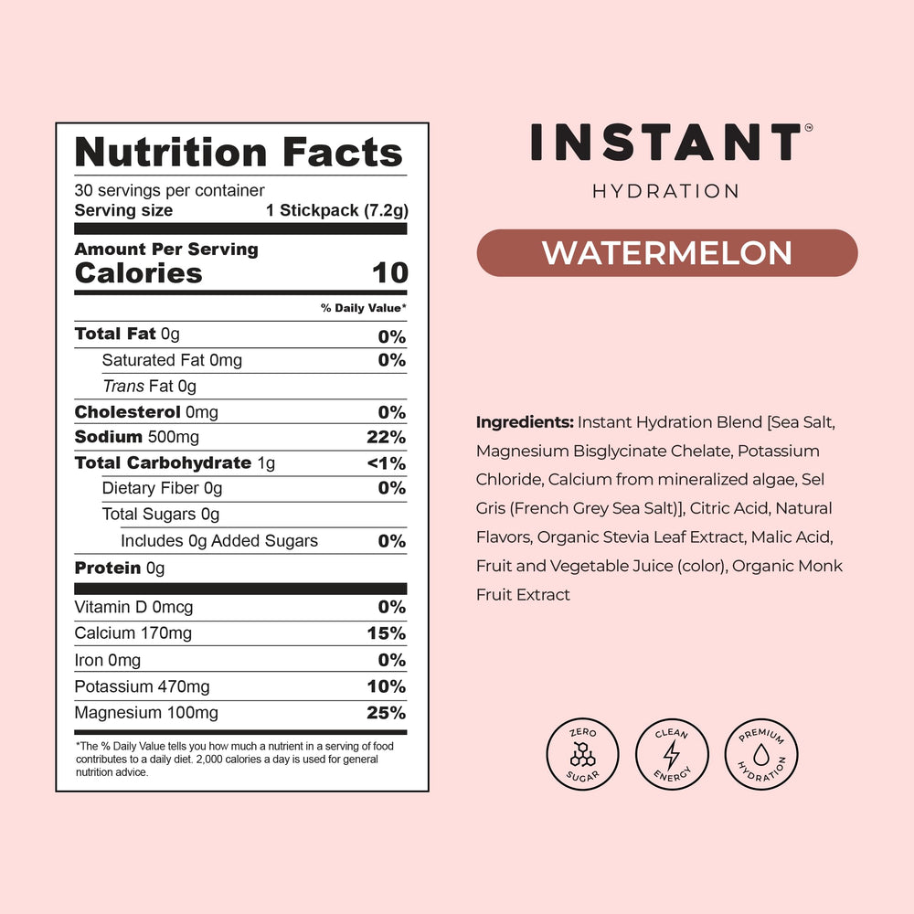 Instant Hydration sobres sostenidos en mano, dosificación práctica y portátil