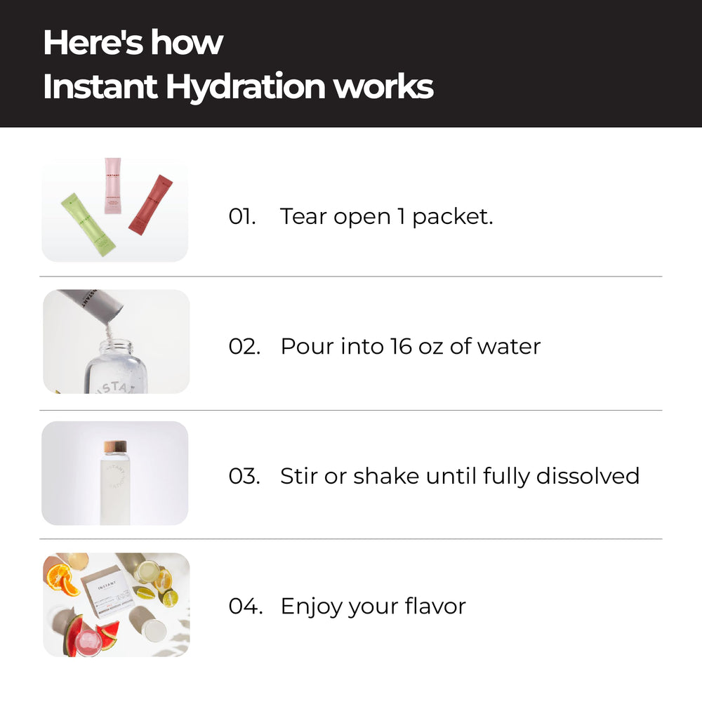 Instant Hydration tamaño de sobre junto a smartphone para escala