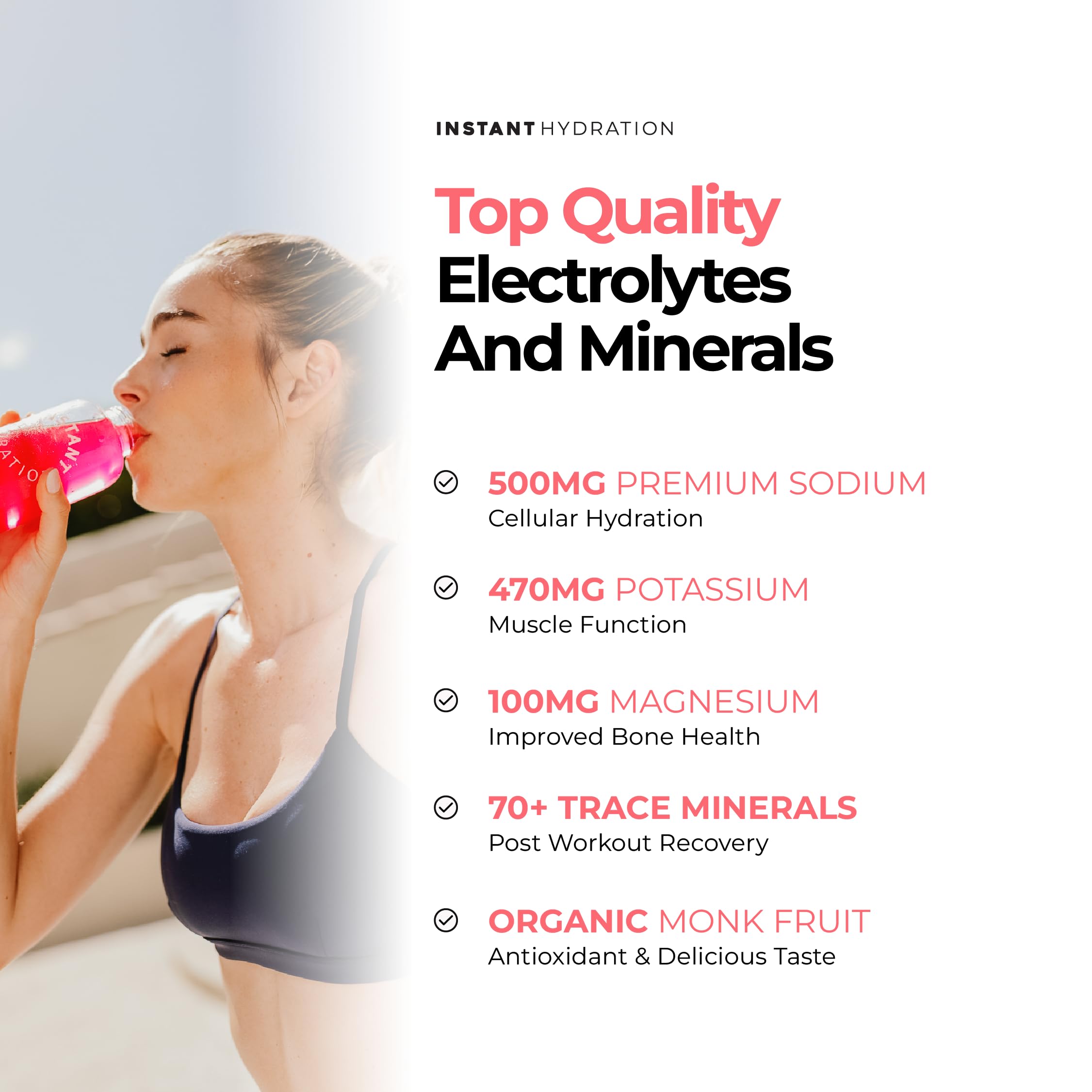 Instant Hydration polvo disolviéndose en agua resaltando mezcla rápida y sabor natural