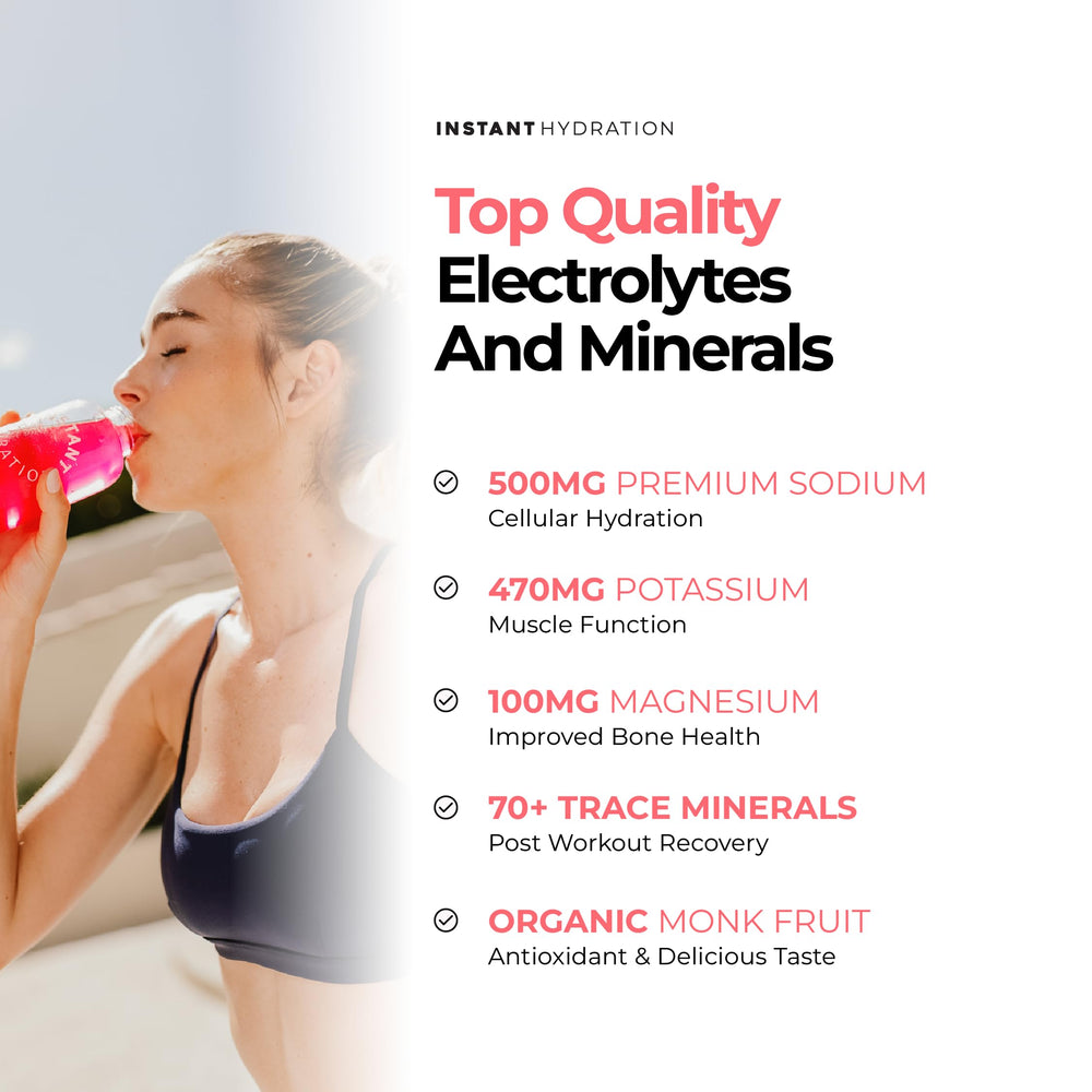 Instant Hydration polvo disolviéndose en agua resaltando mezcla rápida y sabor natural