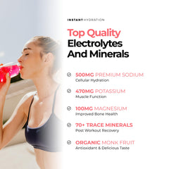 Instant Hydration polvo disolviéndose en agua resaltando mezcla rápida y sabor natural
