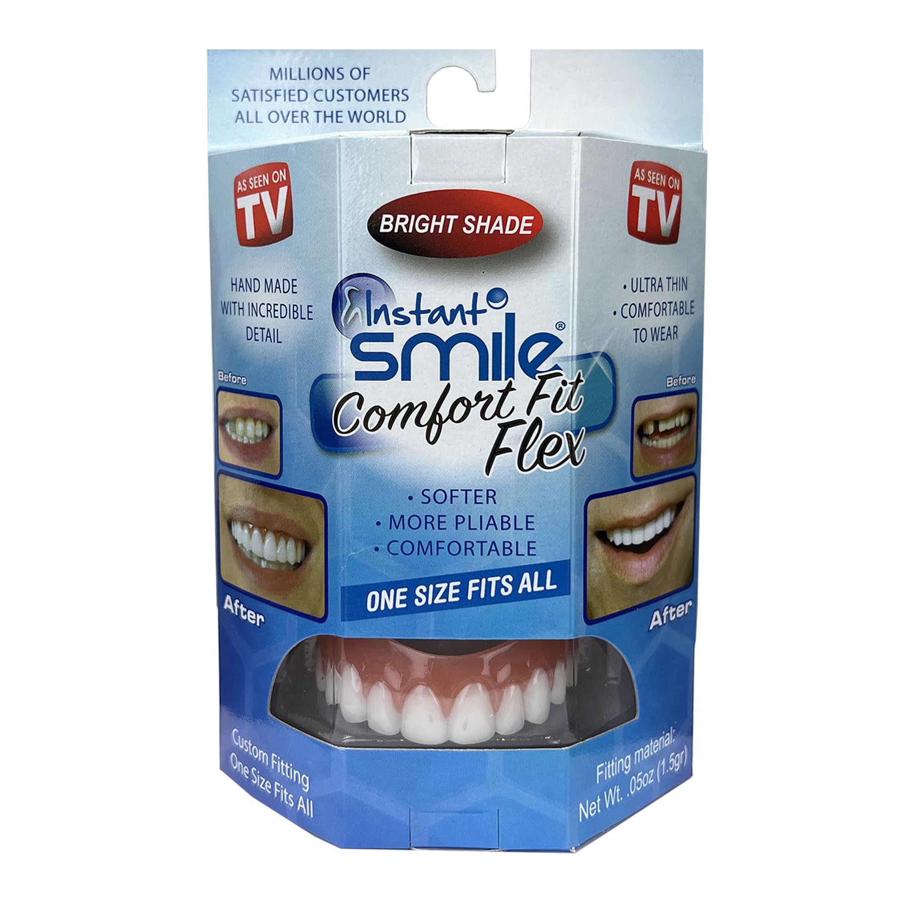 Instant Smile vista frontal del empaque mostrando la funda dental
